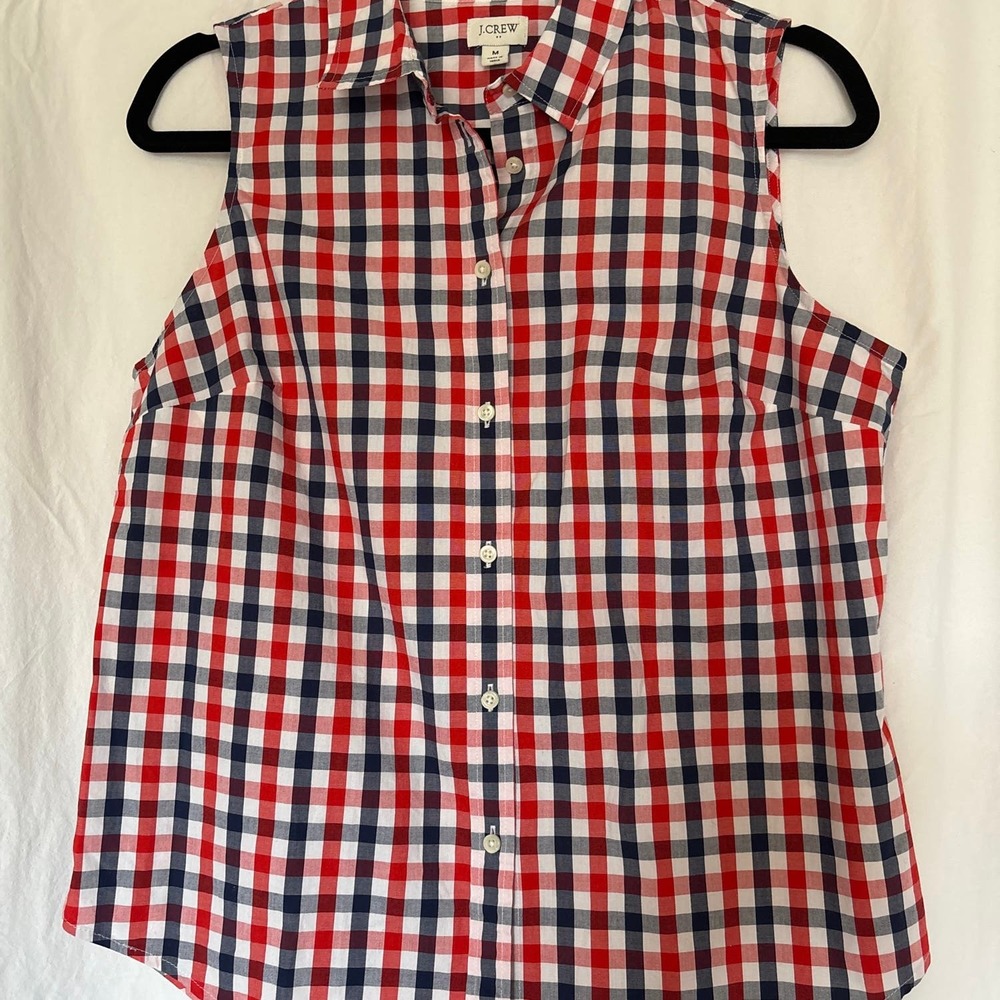 J.‎ Crew cotton Poplin Sleeveless Shirt Blue/Red/White Gingham Size Medium EUC